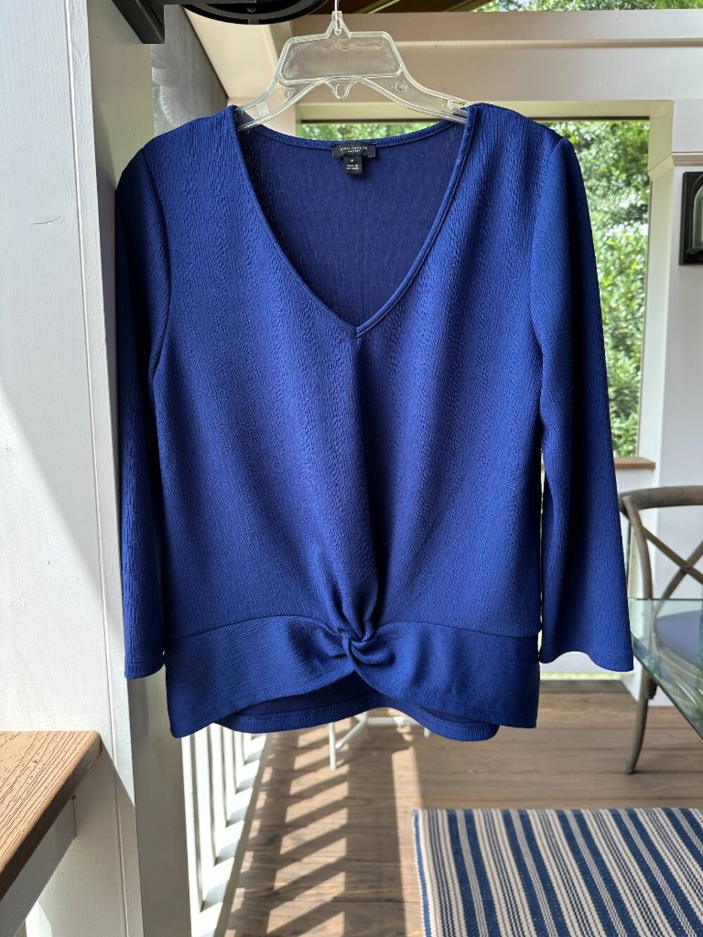 Ann Taylor Royal Blue Long Sleeve V Neck Popover Twisted Knot Top Size M